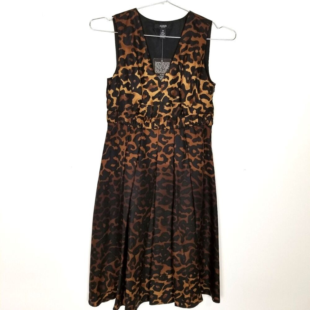 Alfani Women's‎ Black/Brown Cheetah Leopard Silk Dress Size 4 Perite Pleated